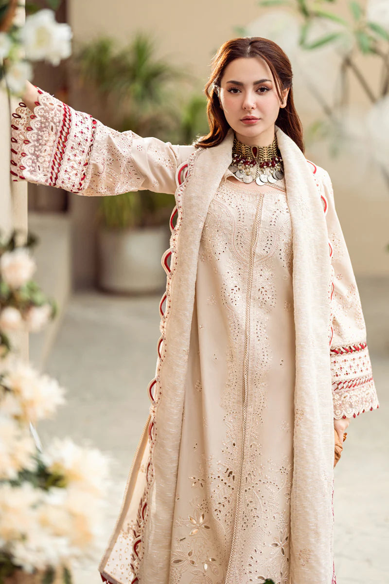 Qalamkar Sahil Inspired Eid Collection 3 Piece Outfit With Net Dupatta FK16 Anaya - Desi Posh