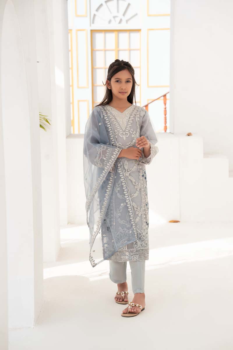 Khoobsurat Mummy & Me Kids Designer Organza Party Grey Outfit - Desi Posh