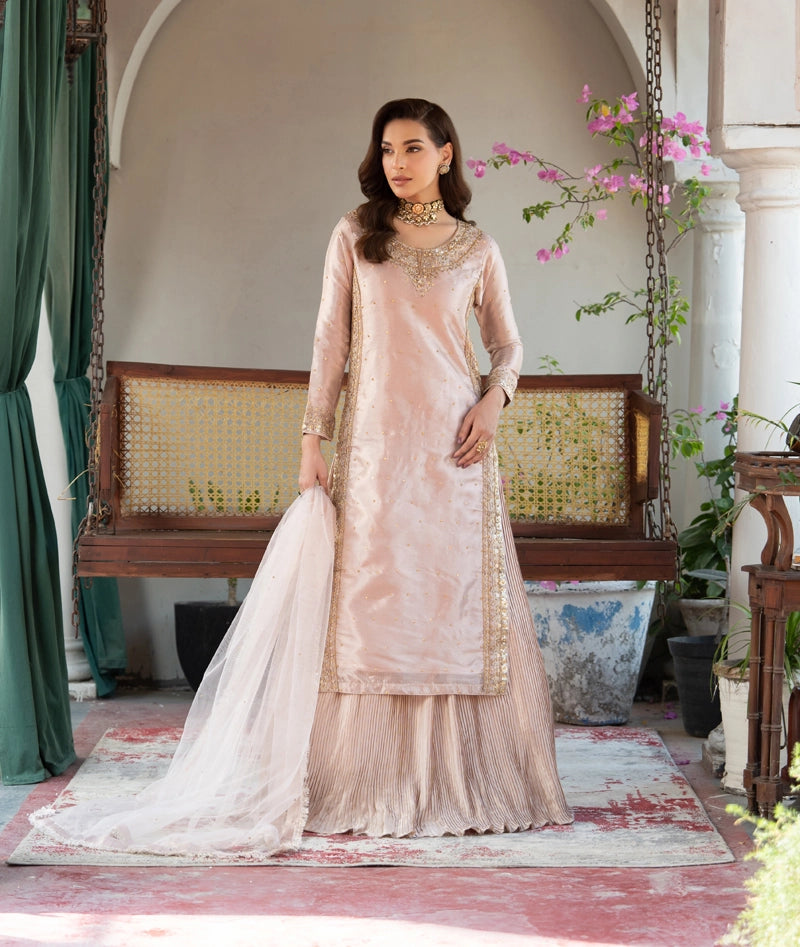 Hussain Rehar Inspired Raw Silk 3 Piece Pink Lengha Outfit - Desi Posh