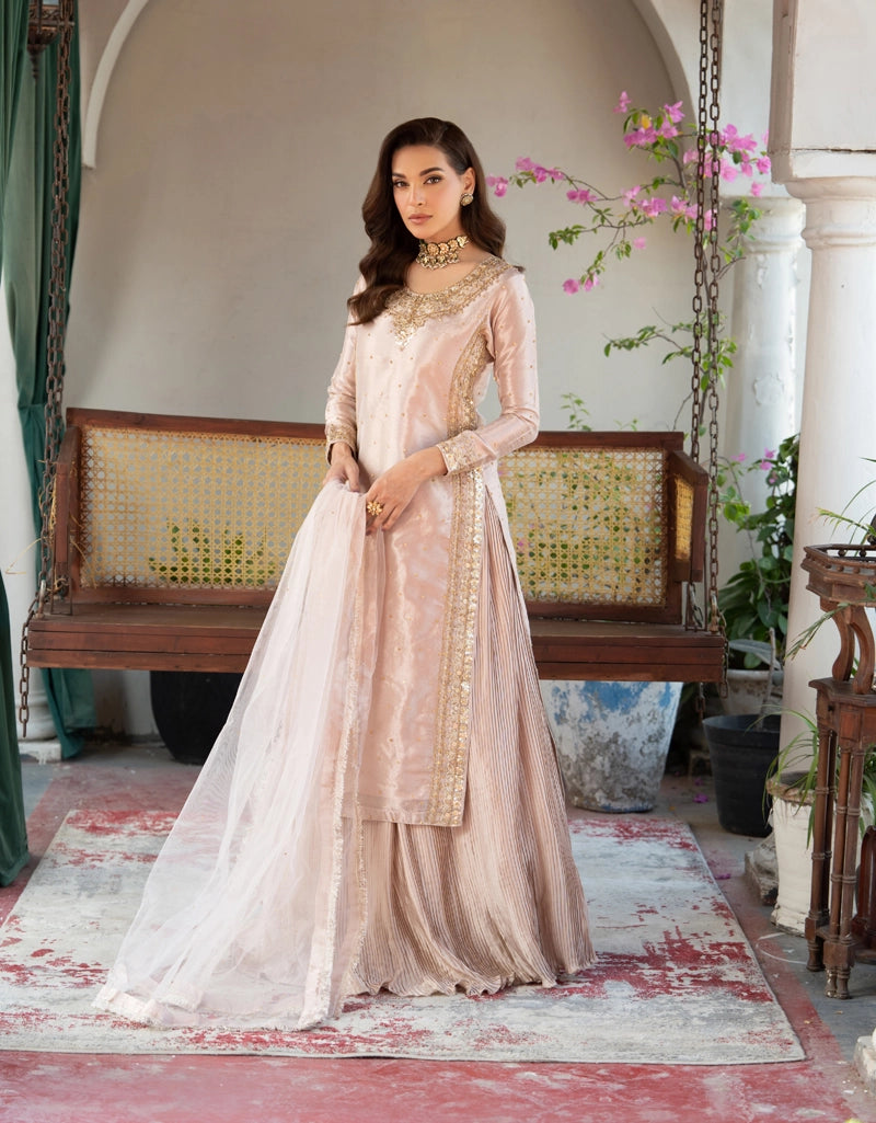 Hussain Rehar Inspired Raw Silk 3 Piece Pink Lengha Outfit - Desi Posh
