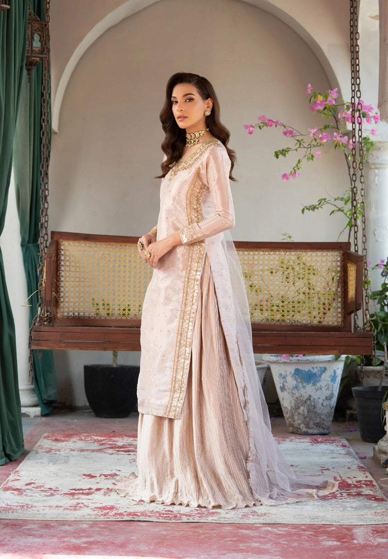 Hussain Rehar Inspired Raw Silk 3 Piece Pink Lengha Outfit - Desi Posh