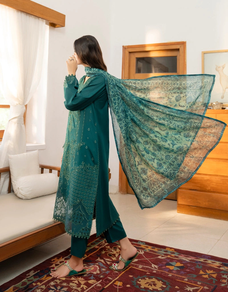 Saavan Summer Collection Emerald Whisper 3 Piece Chikan Embroidered Lawn Suit - Desi Posh