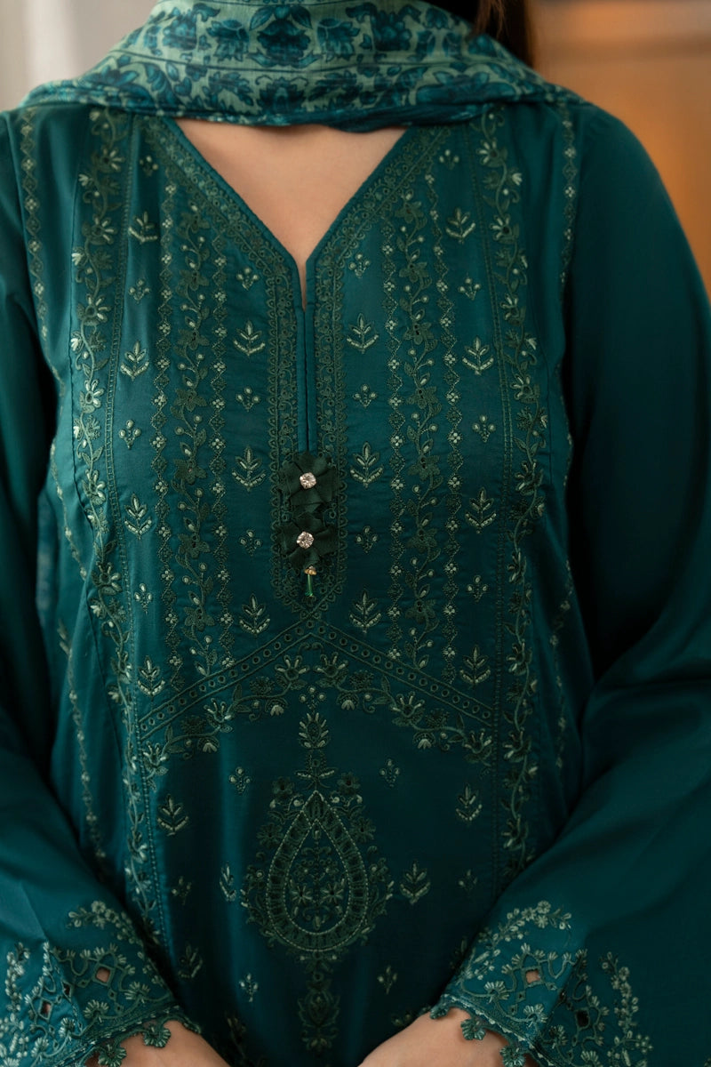 Saavan Summer Collection Emerald Whisper 3 Piece Chikan Embroidered Lawn Suit - Desi Posh