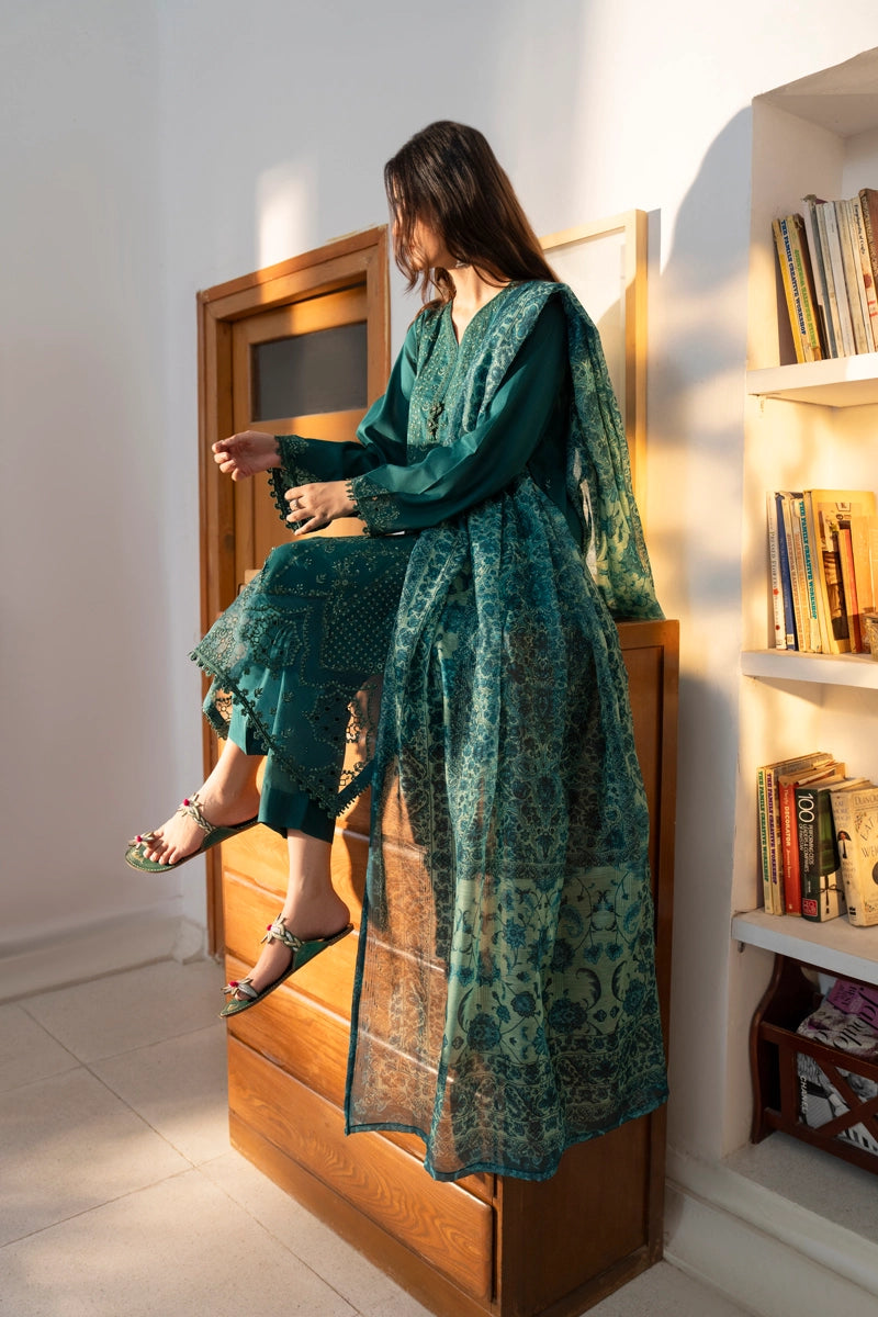 Saavan Summer Collection Emerald Whisper 3 Piece Chikan Embroidered Lawn Suit - Desi Posh