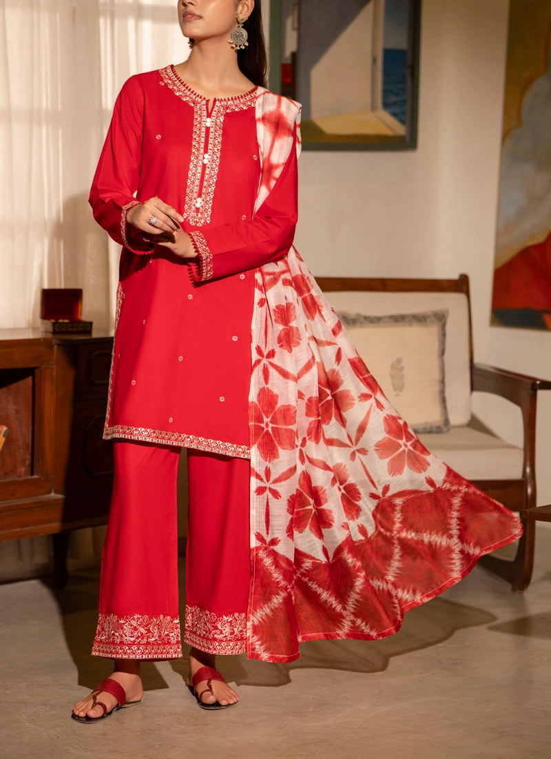 Saavan Summer Collection Crimson Bloom 3 Piece Embroidered Lawn Suit - Desi Posh