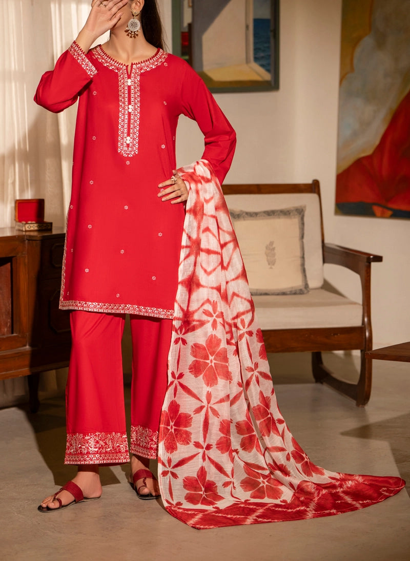 Saavan Summer Collection Crimson Bloom 3 Piece Embroidered Lawn Suit - Desi Posh