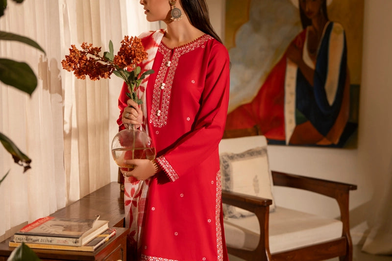 Saavan Summer Collection Crimson Bloom 3 Piece Embroidered Lawn Suit - Desi Posh