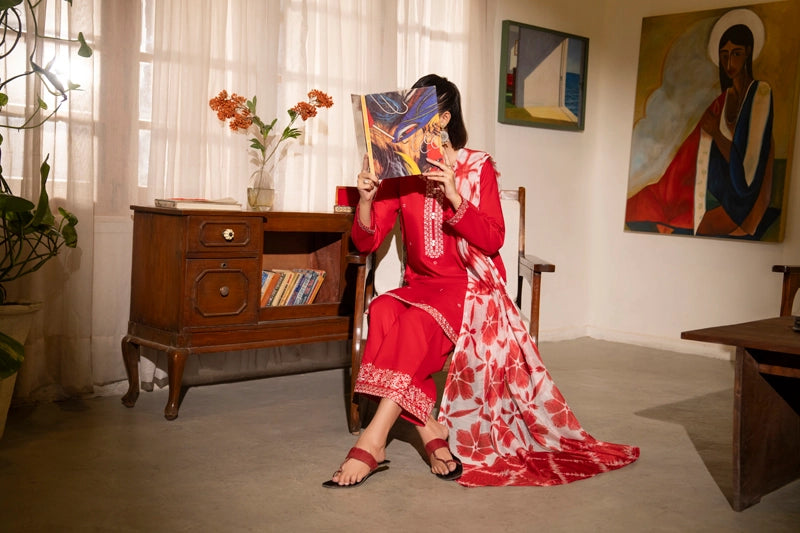 Saavan Summer Collection Crimson Bloom 3 Piece Embroidered Lawn Suit - Desi Posh