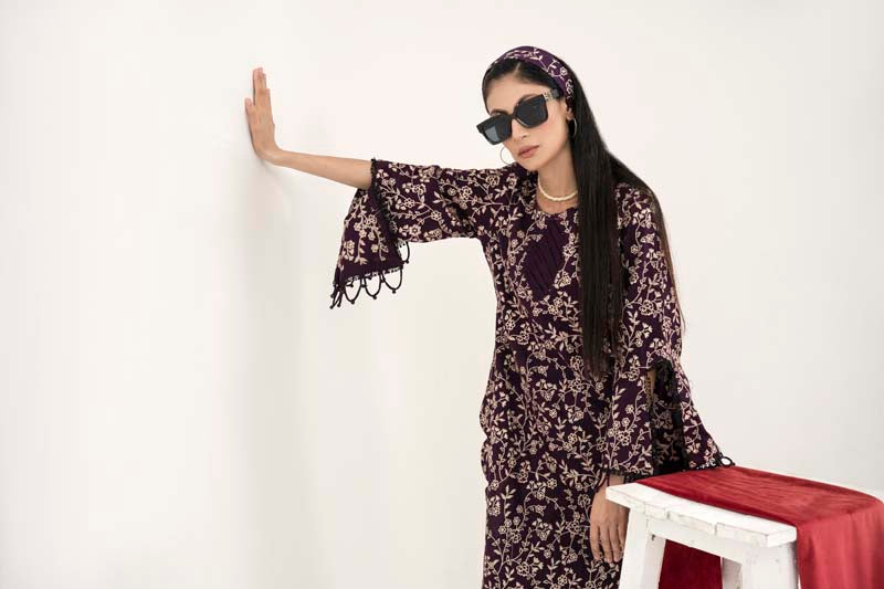Dhanak Fully Embroidered 2 Piece Co-ord Set in Plum - Desi Posh