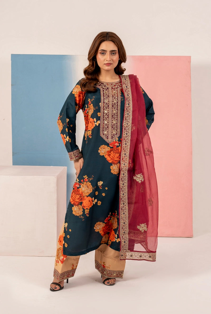 Ethnic Inspired Silk Lawn Suit Teal With Farshi Salwar