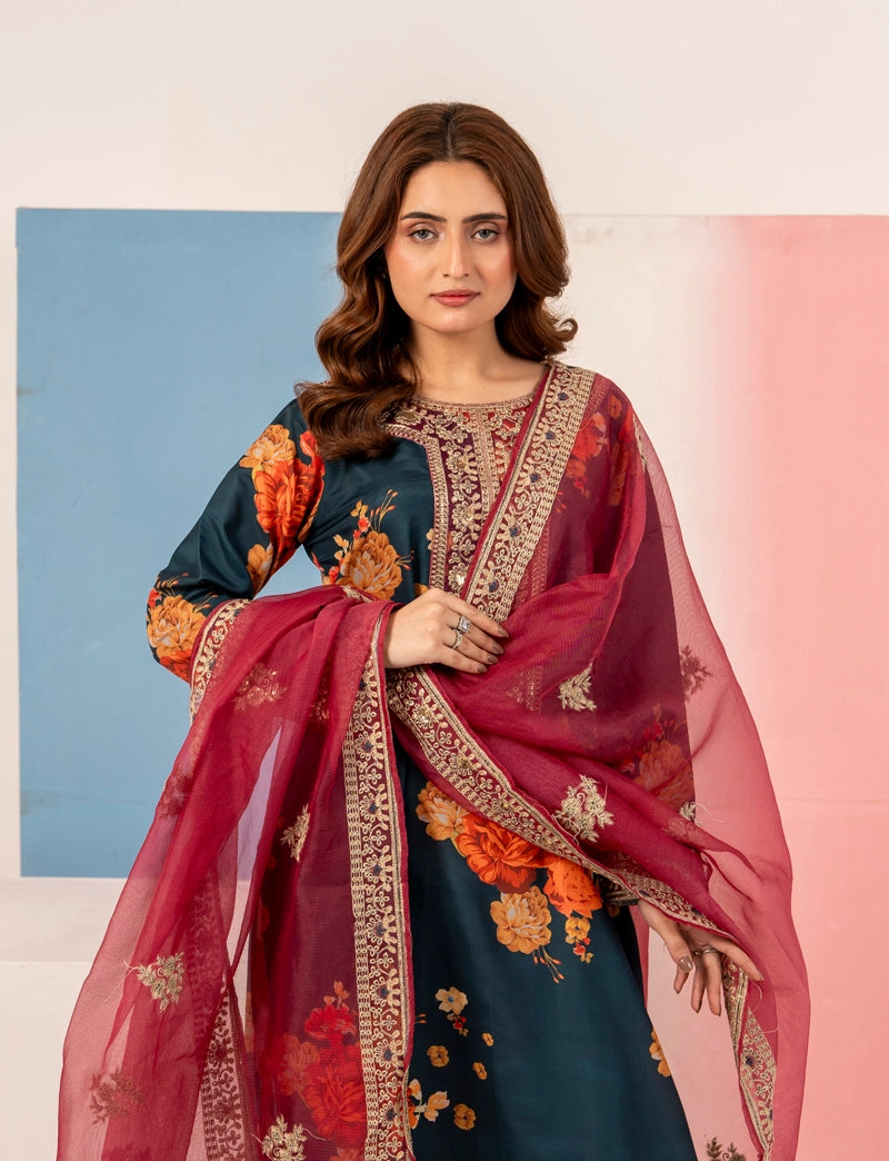 Ethnic Inspired Silk Lawn Suit Teal With Farshi Salwar