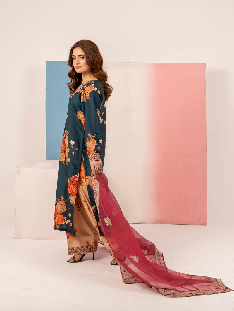 Ethnic Inspired Silk Lawn Suit Teal With Farshi Salwar