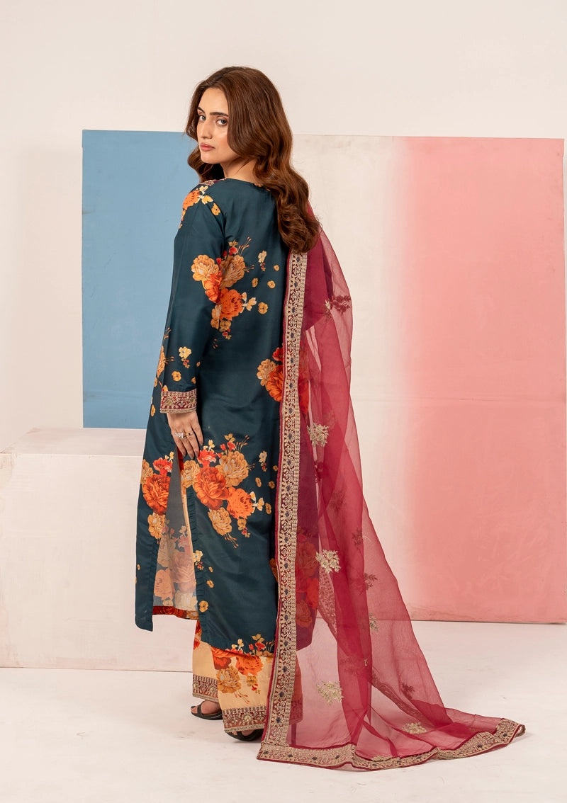 Ethnic Inspired Silk Lawn Suit Teal With Farshi Salwar