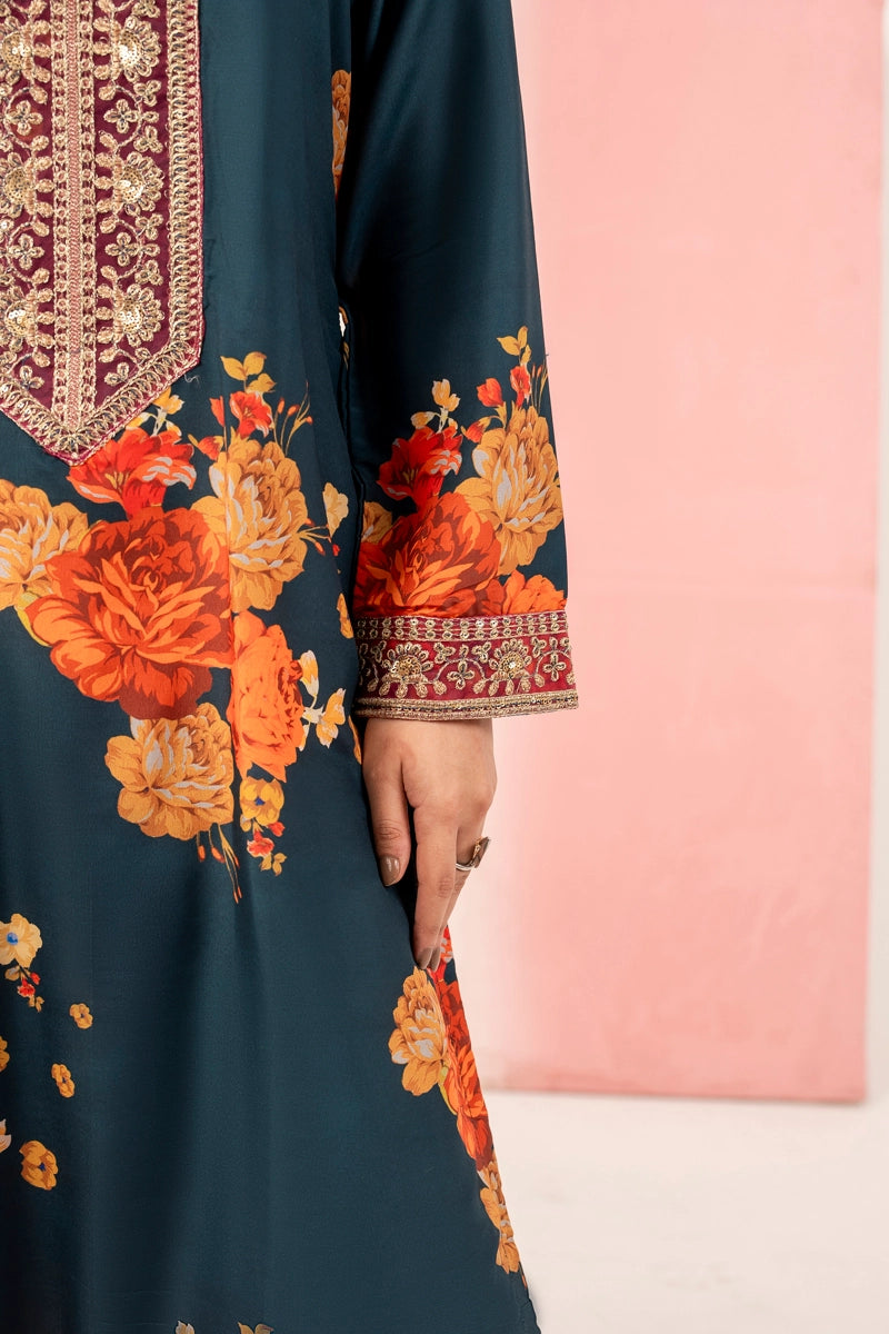 Ethnic Inspired Silk Lawn Suit Teal With Farshi Salwar