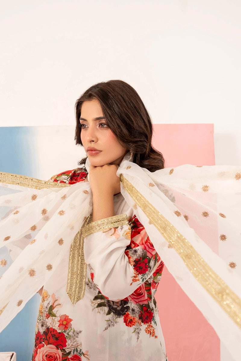Ethnic Inspired Silk Lawn Suit White With Farshi Salwar