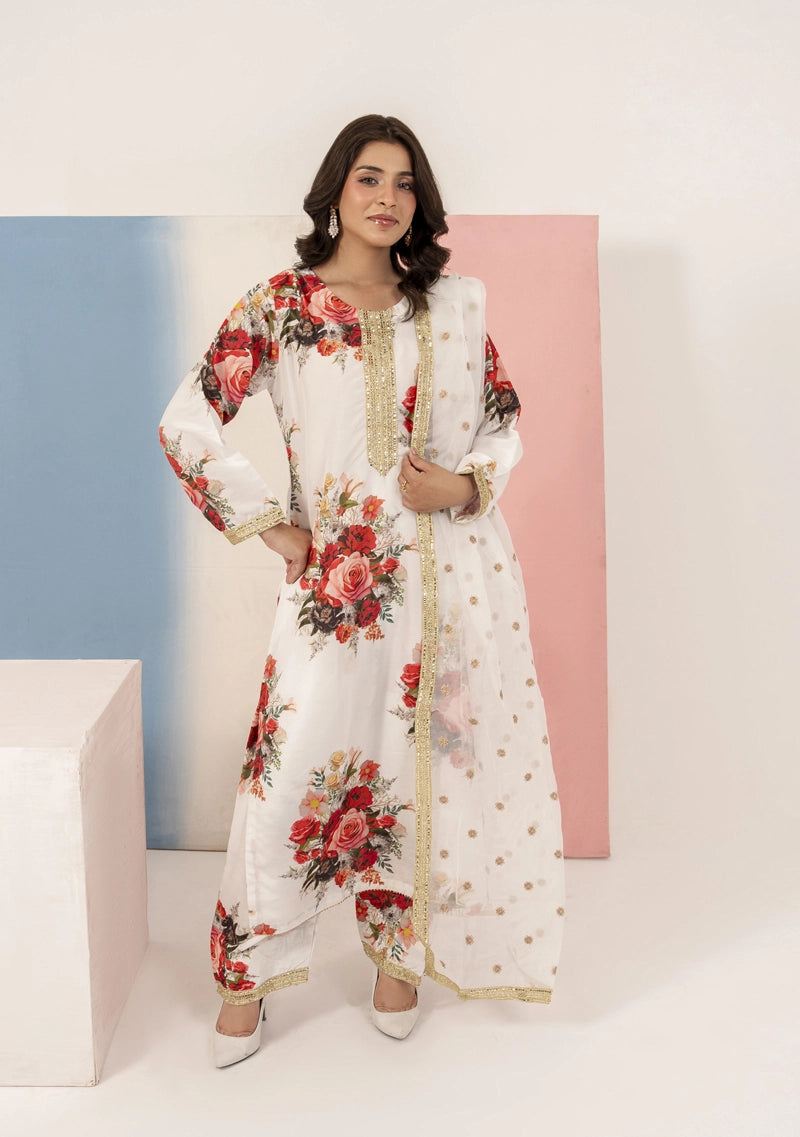 Ethnic Inspired Silk Lawn Suit White With Farshi Salwar
