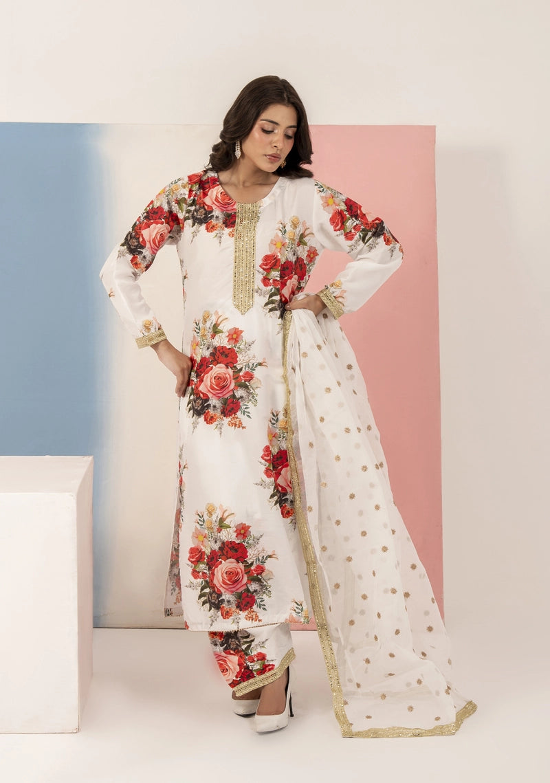 Ethnic Inspired Silk Lawn Suit White With Farshi Salwar