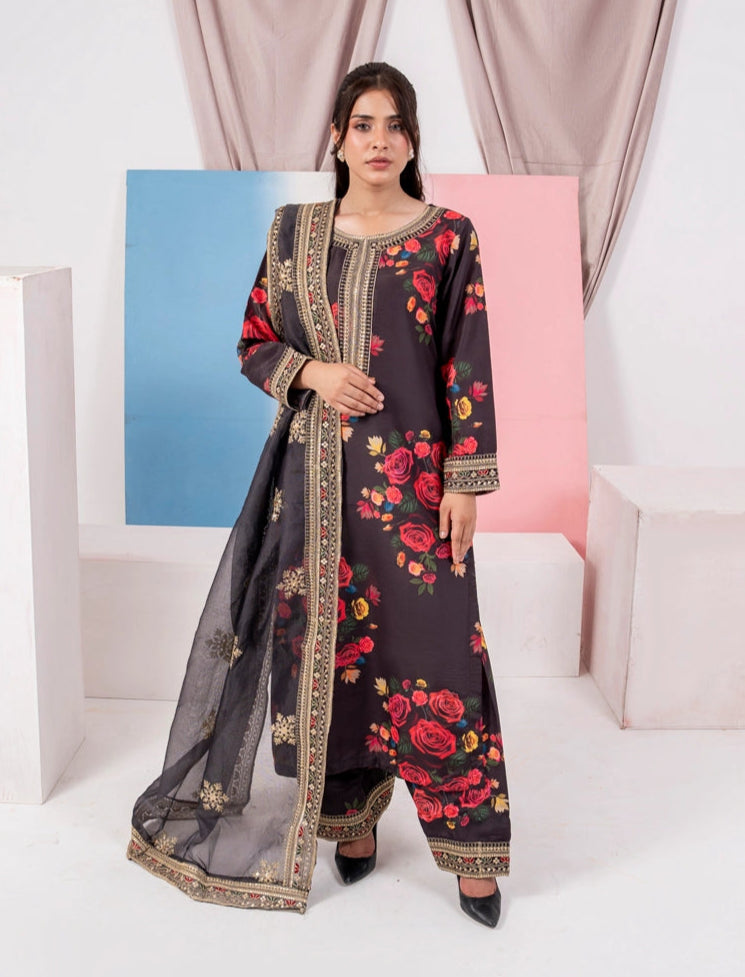 Ethnic Inspired Silk Lawn Suit Black With Farshi Salwar