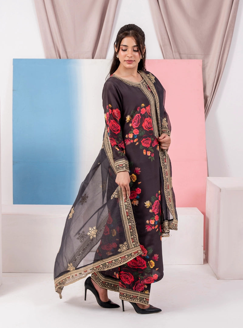 Ethnic Inspired Silk Lawn Suit Black With Farshi Salwar