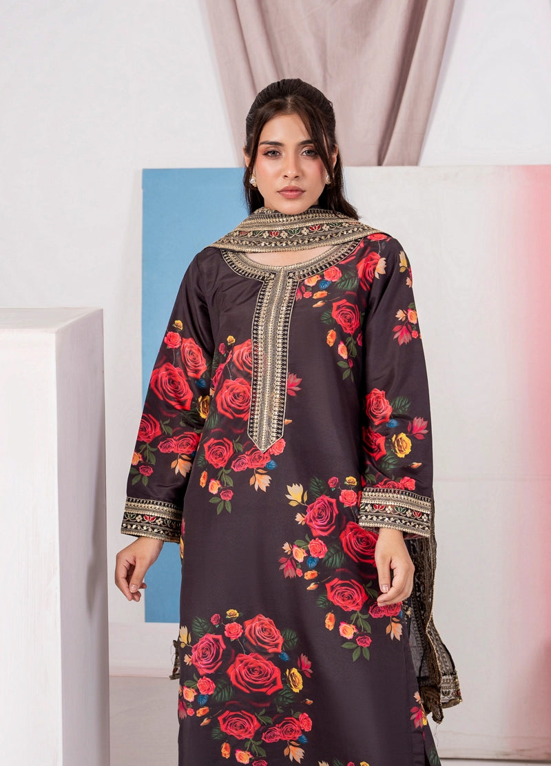 Ethnic Inspired Silk Lawn Suit Black With Farshi Salwar