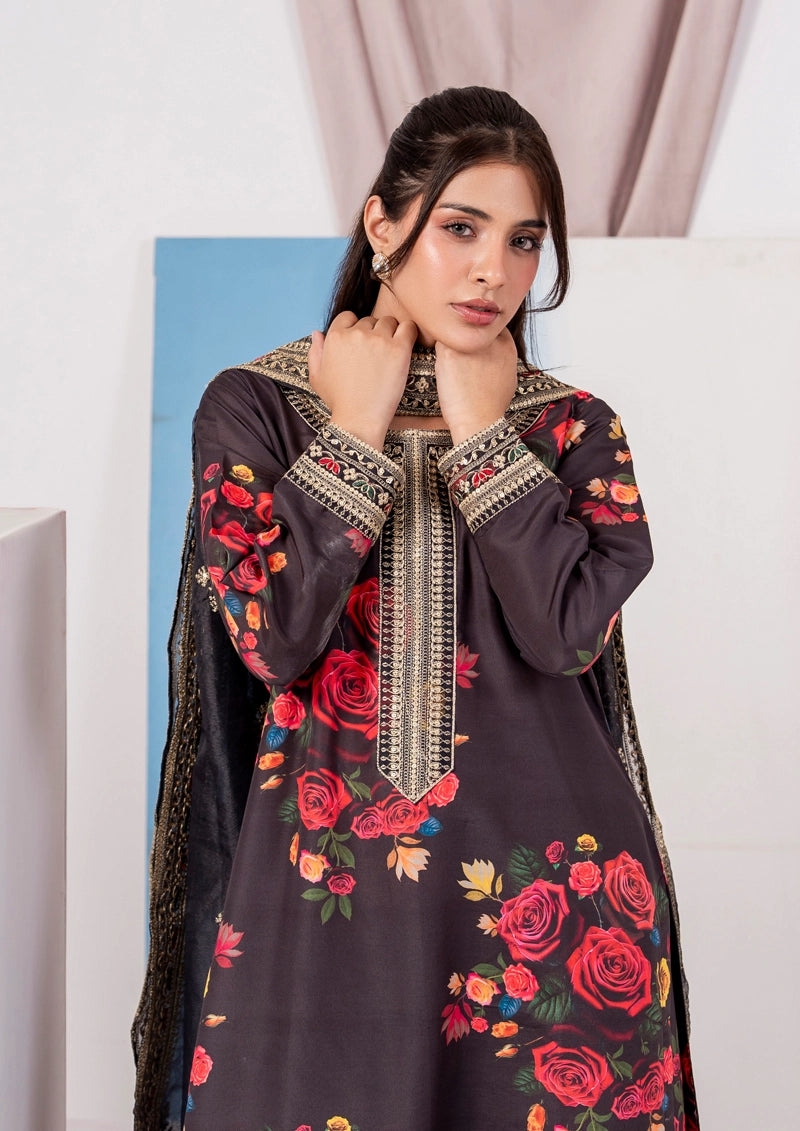 Ethnic Inspired Silk Lawn Suit Black With Farshi Salwar