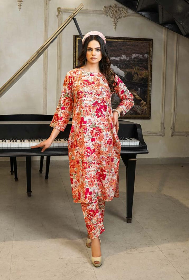 Rozana Floral Printed 2 Piece Lawn Co-ords Outfit Set D4