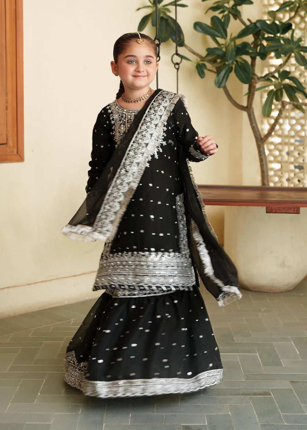 Aliyah Mother & Daughter Black Kids Farshi Gharara Wedding Oufit - Desi Posh