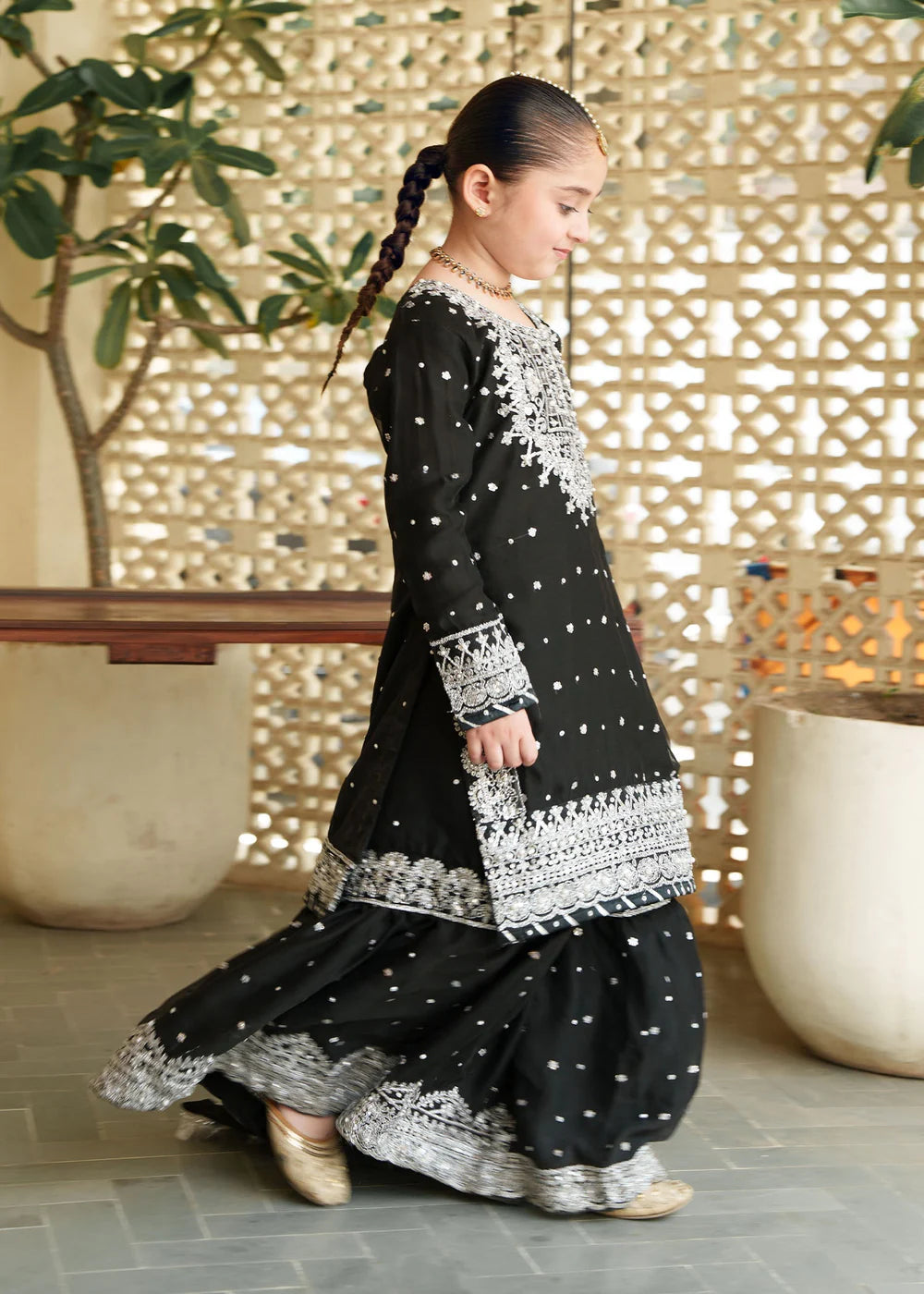 Aliyah Mother & Daughter Black Kids Farshi Gharara Wedding Oufit - Desi Posh