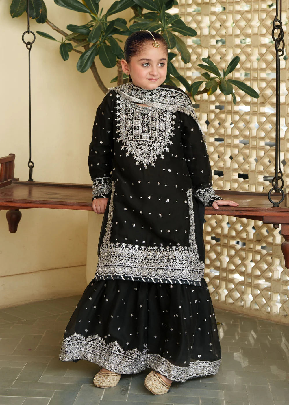 Aliyah Mother & Daughter Black Kids Farshi Gharara Wedding Oufit - Desi Posh