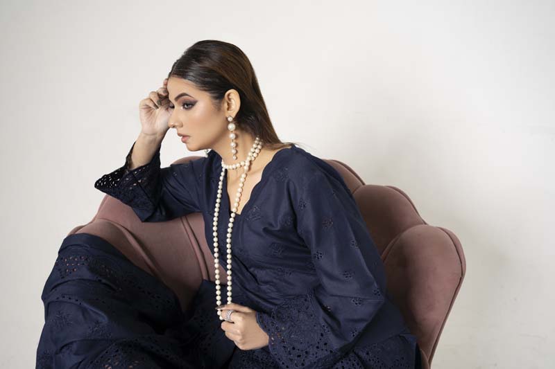 Dania Chikan Kari Blue 3 Piece Dhanak Outfit With Chikan Kari Shawl - Desi Posh