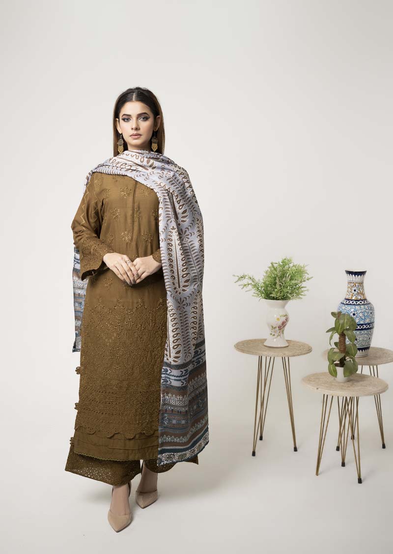 Dania Chikan Kari Khaaki 3 Piece Dhanak Outfit With Digital Print Shawl - Desi Posh
