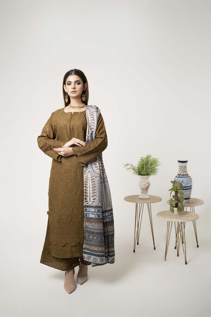 Dania Chikan Kari Khaaki 3 Piece Dhanak Outfit With Digital Print Shawl - Desi Posh
