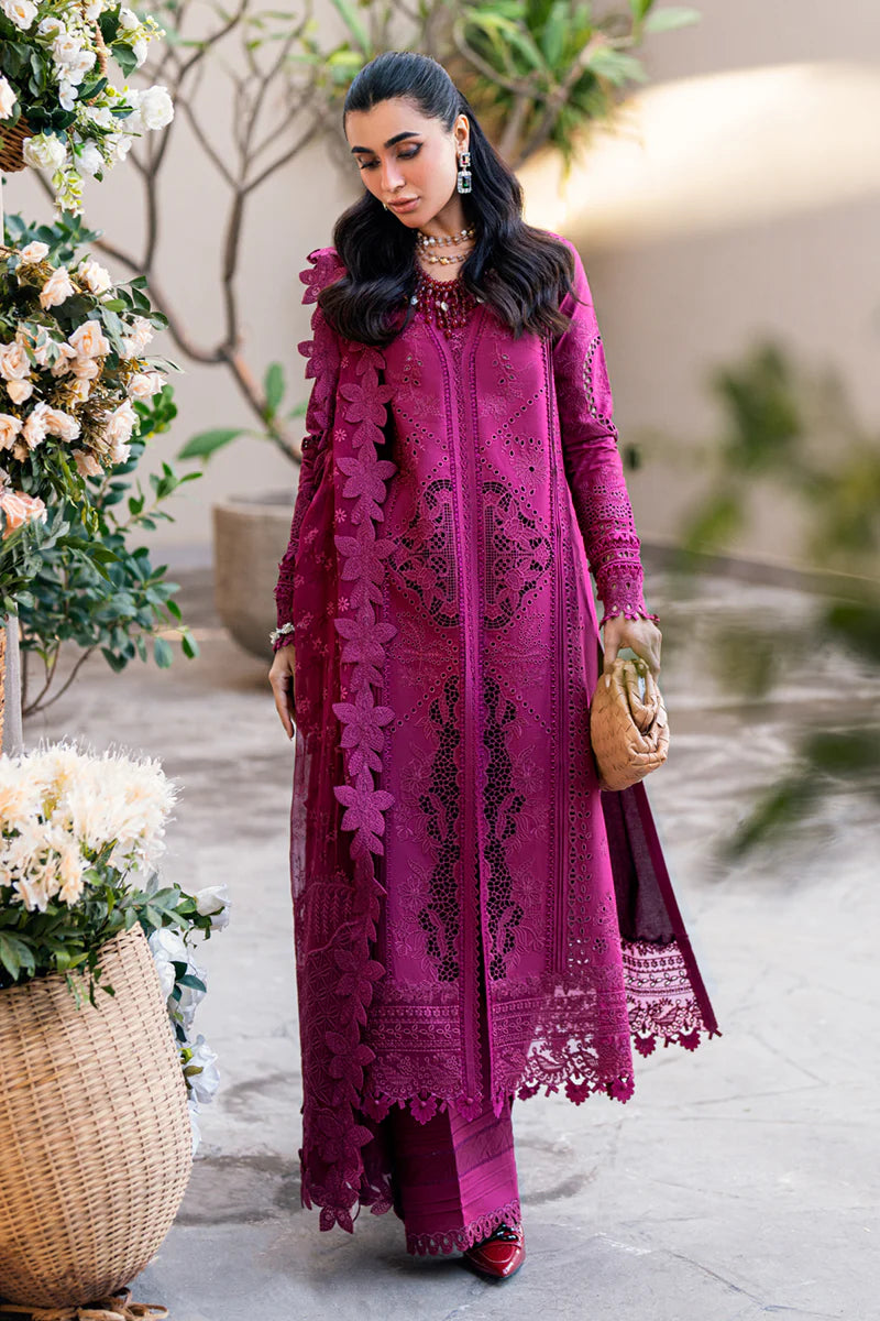 Qalamkar Sahil Inspired Eid Collection 3 Piece Outfit With Chiffon Dupatta FK11 Maroon - Desi Posh
