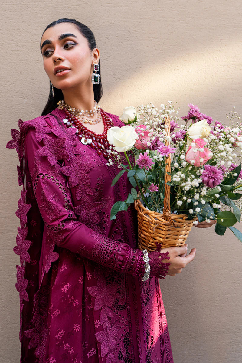 Qalamkar Sahil Inspired Eid Collection 3 Piece Outfit With Chiffon Dupatta FK11 Maroon - Desi Posh