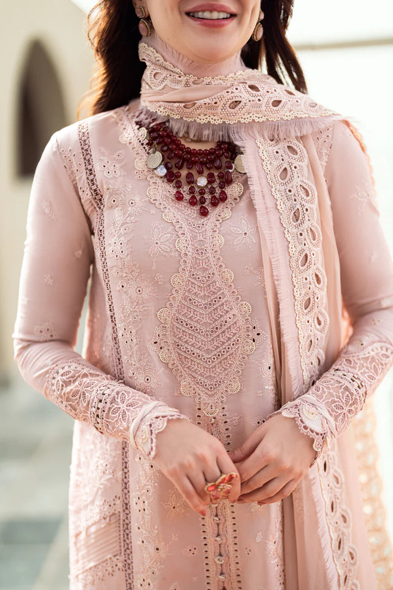 Qalamkar Sahil Inspired Eid Collection 3 Piece Outfit With Net Dupatta FK10 Zoe - Desi Posh