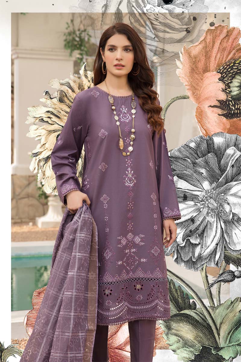 Dania Chikan Kari Luxe 3 Piece Lawn Eid Outfit Dark Lilac - Desi Posh