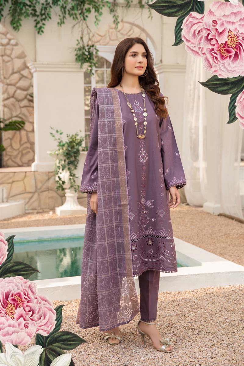 Dania Chikan Kari Luxe 3 Piece Lawn Eid Outfit Dark Lilac - Desi Posh