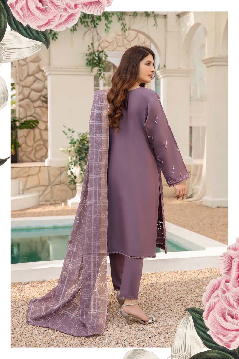 Dania Chikan Kari Luxe 3 Piece Lawn Eid Outfit Dark Lilac - Desi Posh