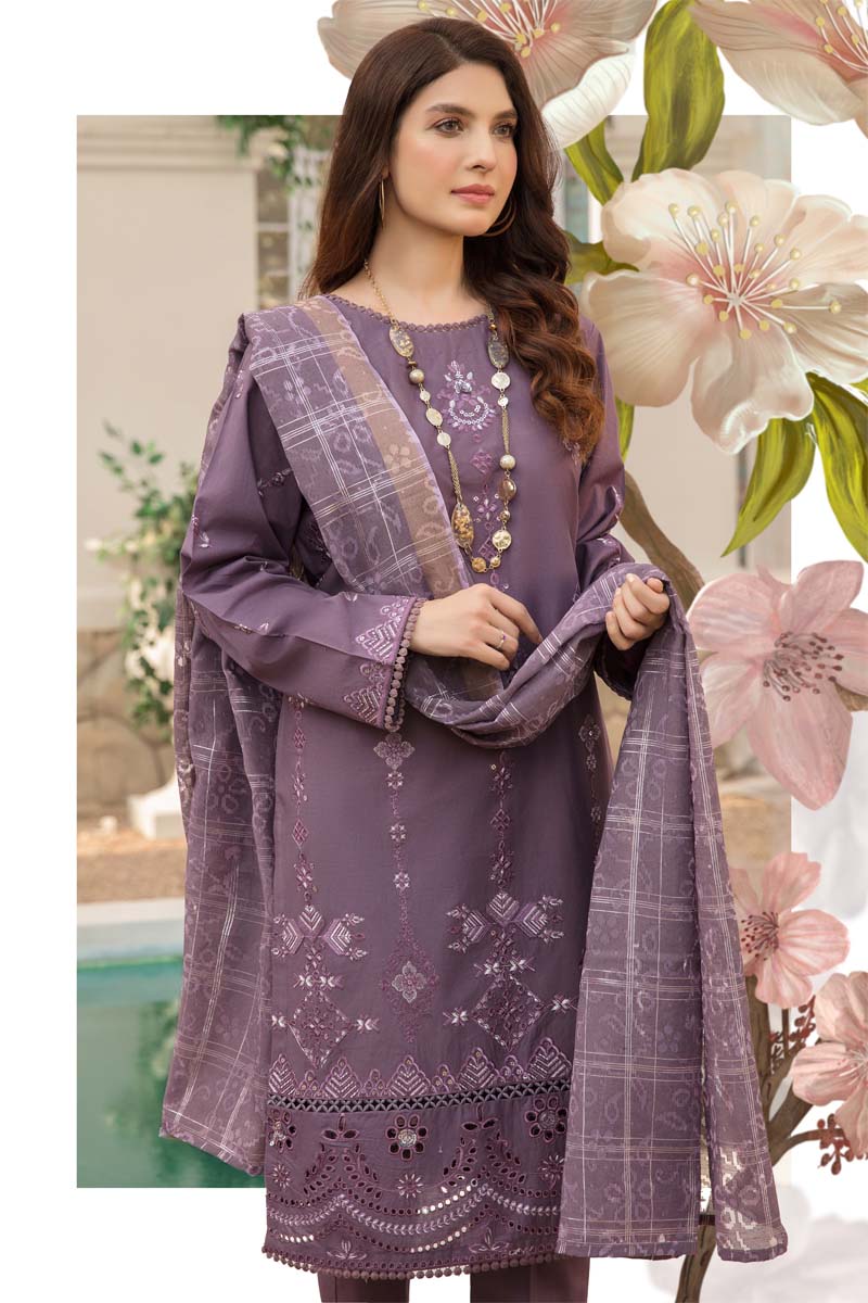 Dania Chikan Kari Luxe 3 Piece Lawn Eid Outfit Dark Lilac - Desi Posh