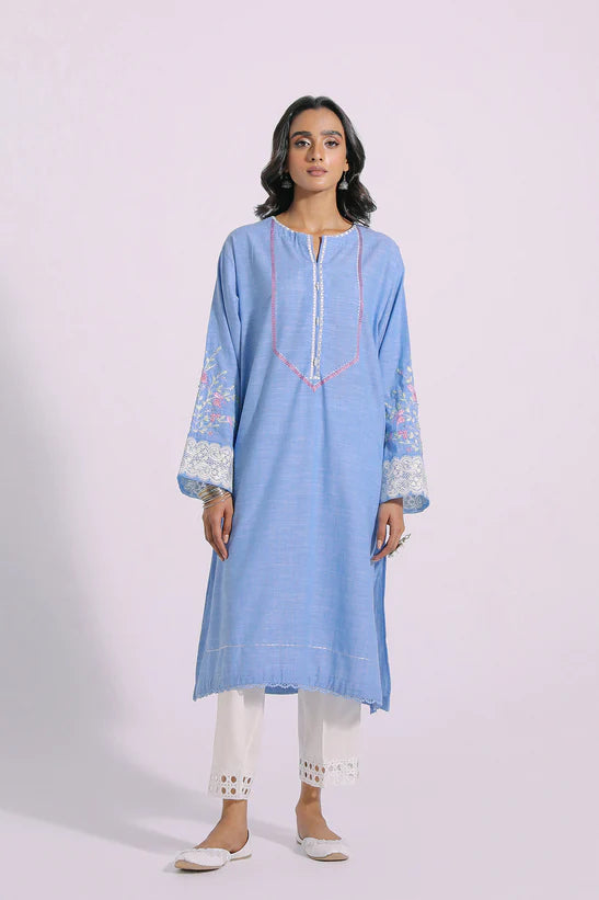 Ethnic by Outfitters Designer Baby Blue Cotton Kurti Shirt - Desi Posh