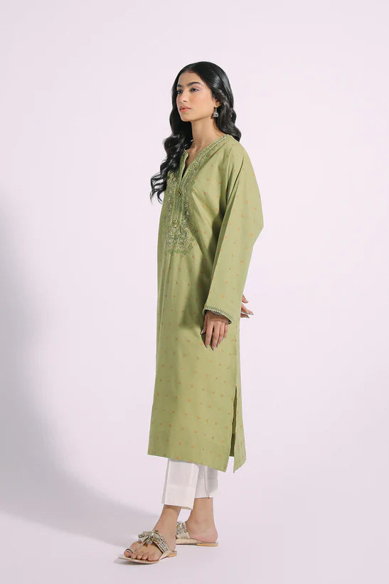 Ethnic PK Designer Olive Green Jacquard Kurti Shirt - Desi Posh