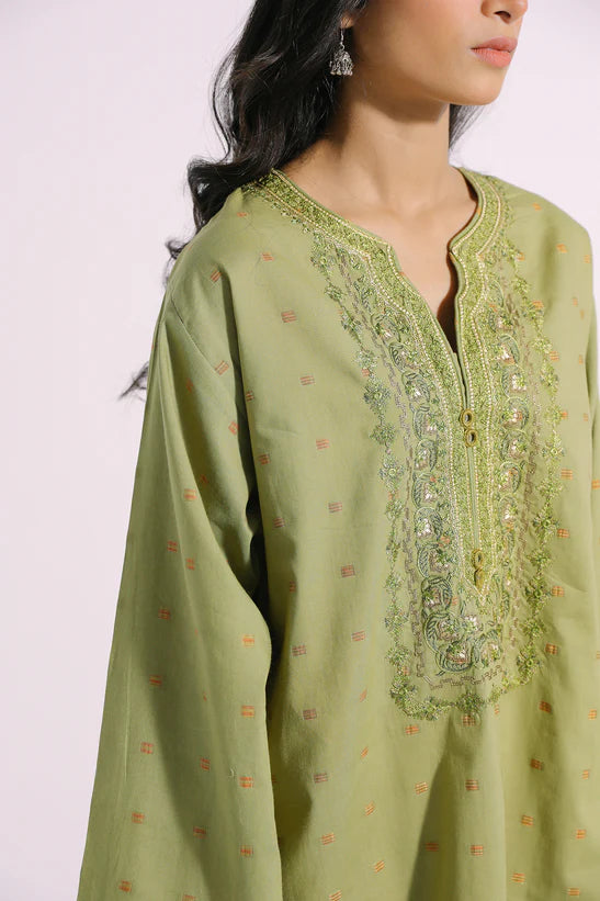 Ethnic PK Designer Olive Green Jacquard Kurti Shirt - Desi Posh