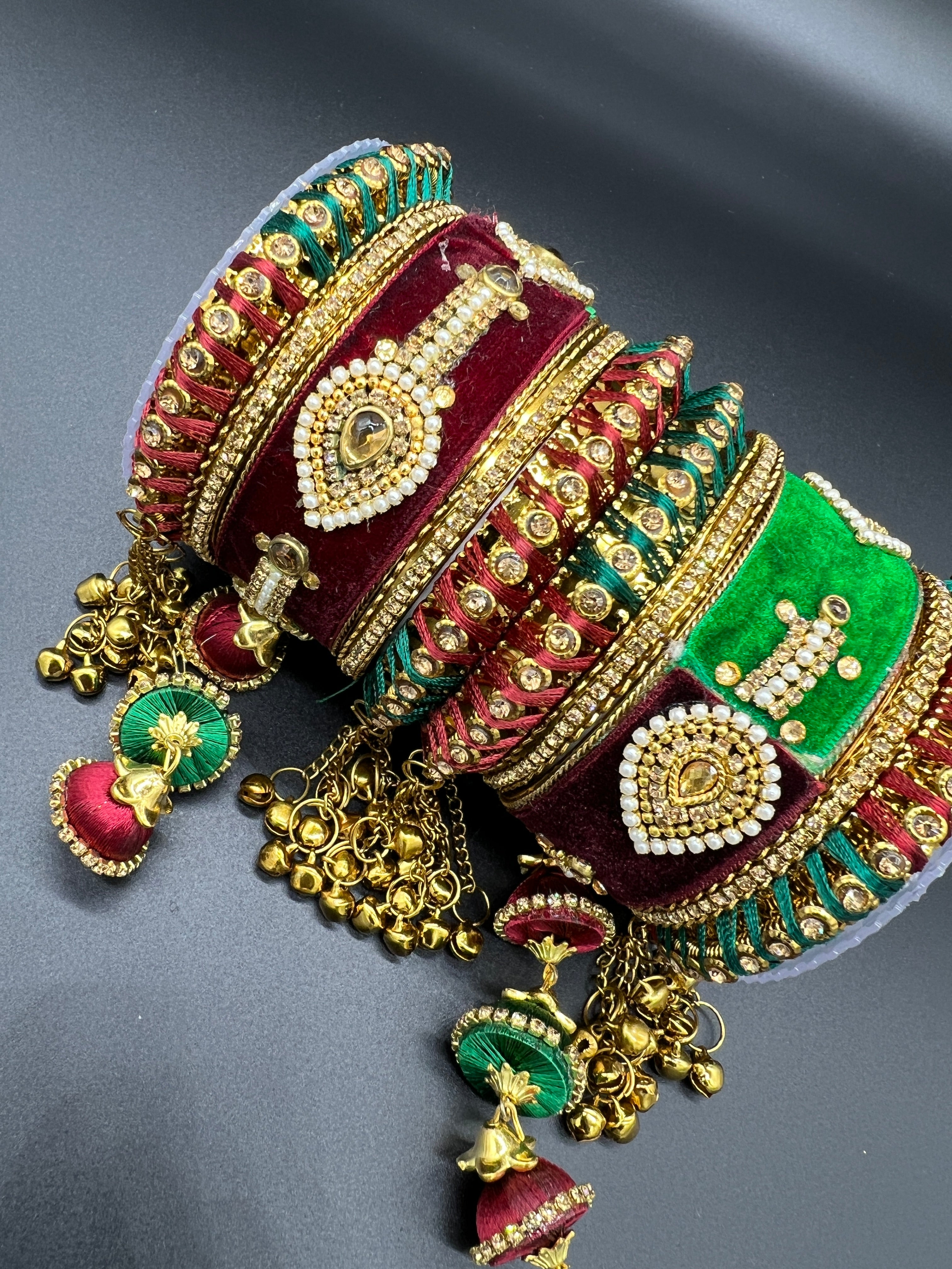 Green and Maroon Thread and Gold Stone Work Bangles - Desi Posh