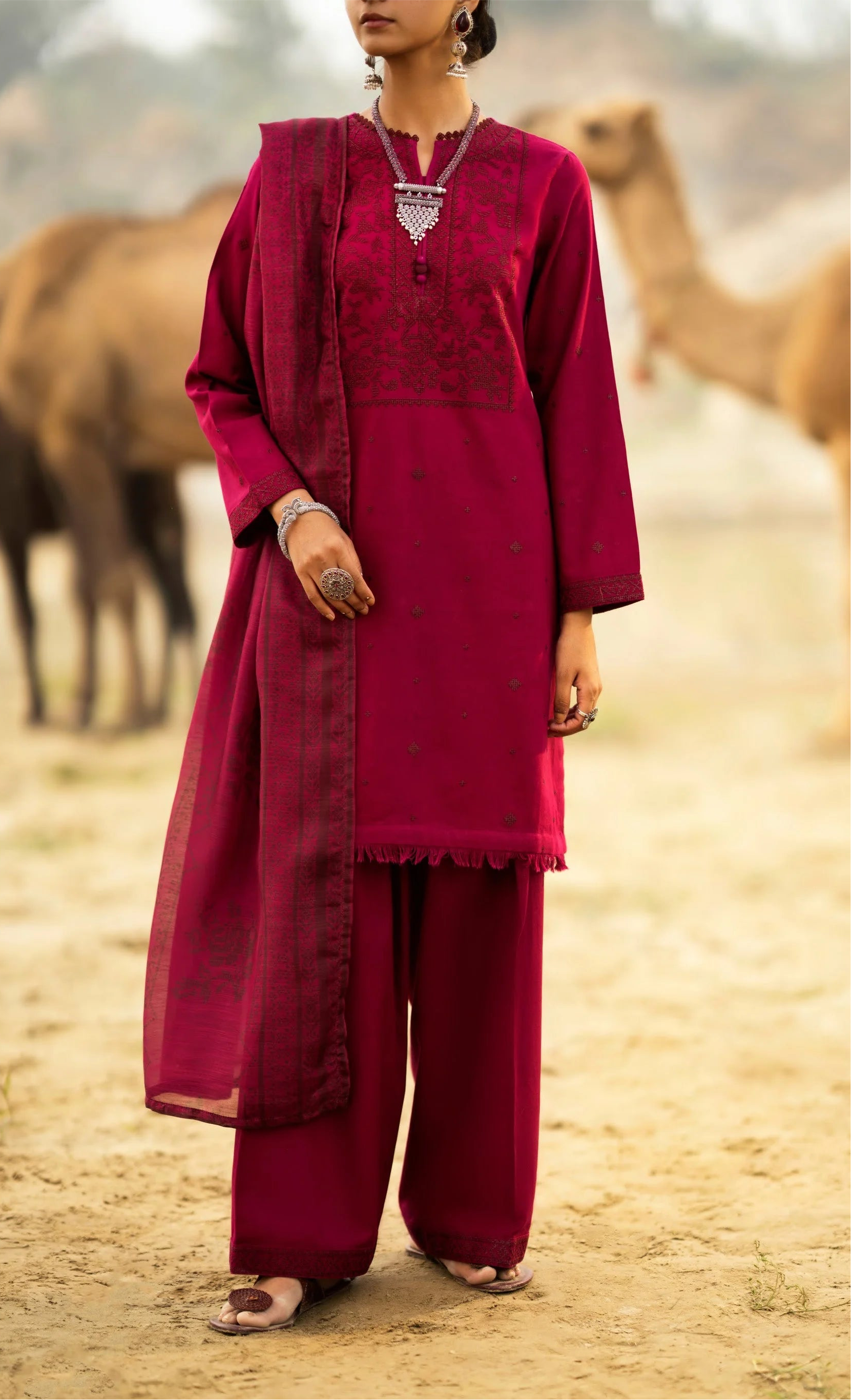 رہگیر Qalb Khaddar Embroidered Suit with Silk Munaar Dupatta - Desi Posh
