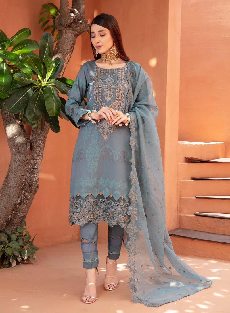 Elina Luxury Jacquard 3 Piece Greeny Blue Wedding Outfit - Desi Posh