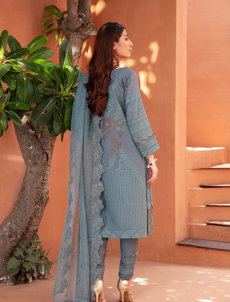 Elina Luxury Jacquard 3 Piece Greeny Blue Wedding Outfit - Desi Posh
