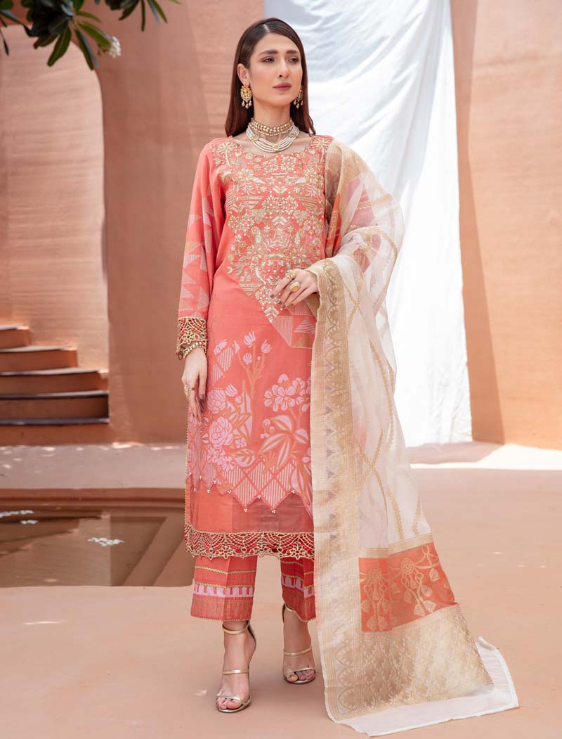Elina Luxury Jacquard 3 Piece Coral Wedding Outfit - Desi Posh