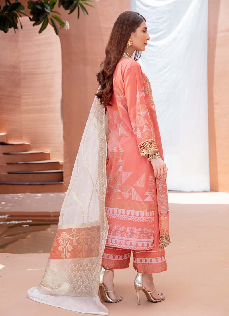 Elina Luxury Jacquard 3 Piece Coral Wedding Outfit - Desi Posh