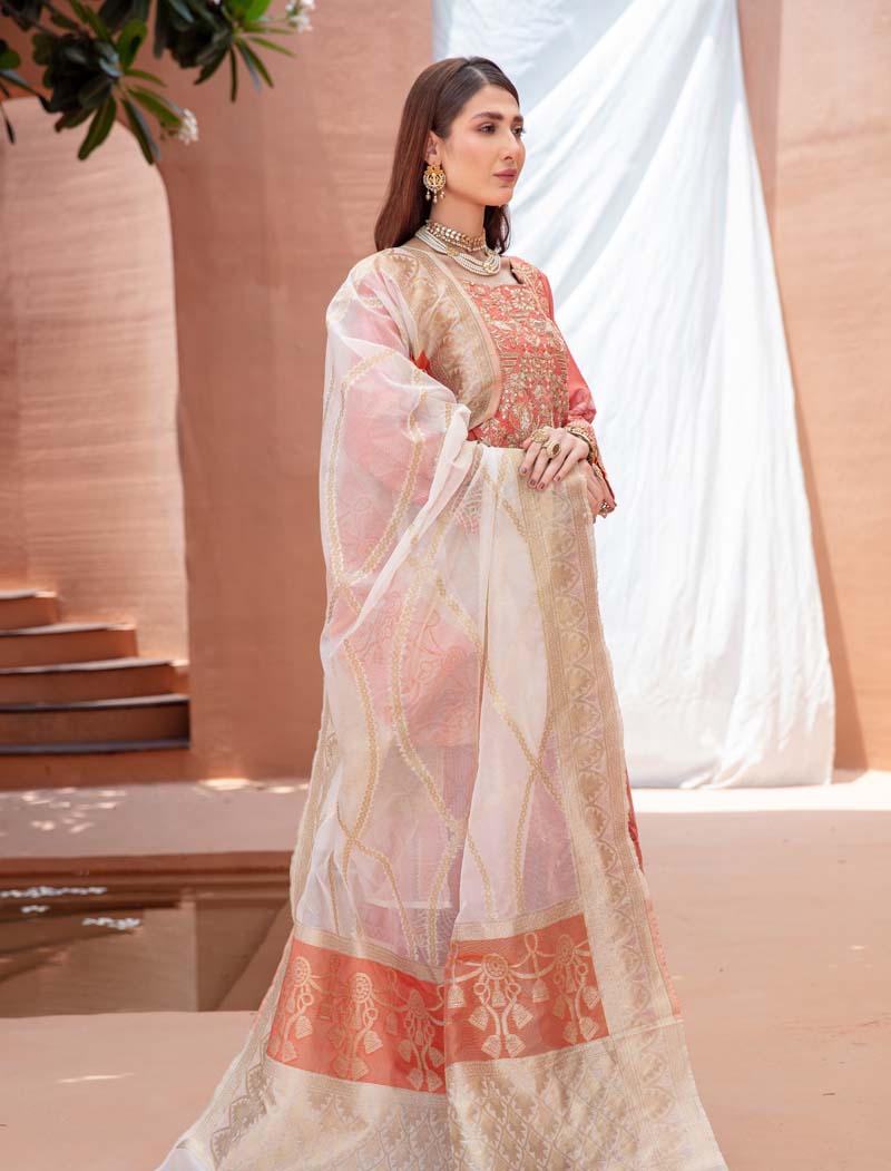 Elina Luxury Jacquard 3 Piece Coral Wedding Outfit - Desi Posh