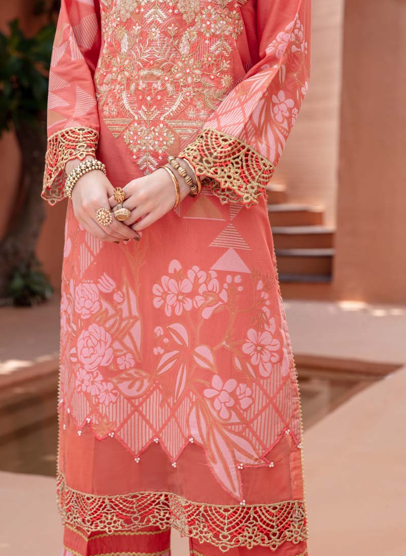 Elina Luxury Jacquard 3 Piece Coral Wedding Outfit - Desi Posh